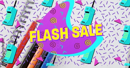 Combining blurred pens with bold FLASH SALE text over purple cyan blob and retro phone icons
