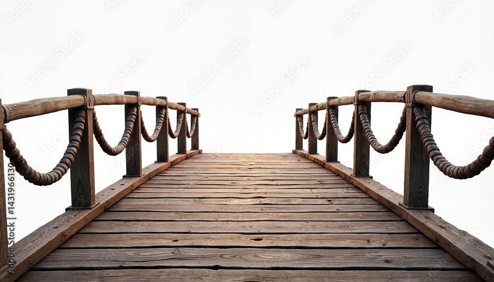Fototapeta premium Rustic wooden bridge with curved handrails, serene solitude.