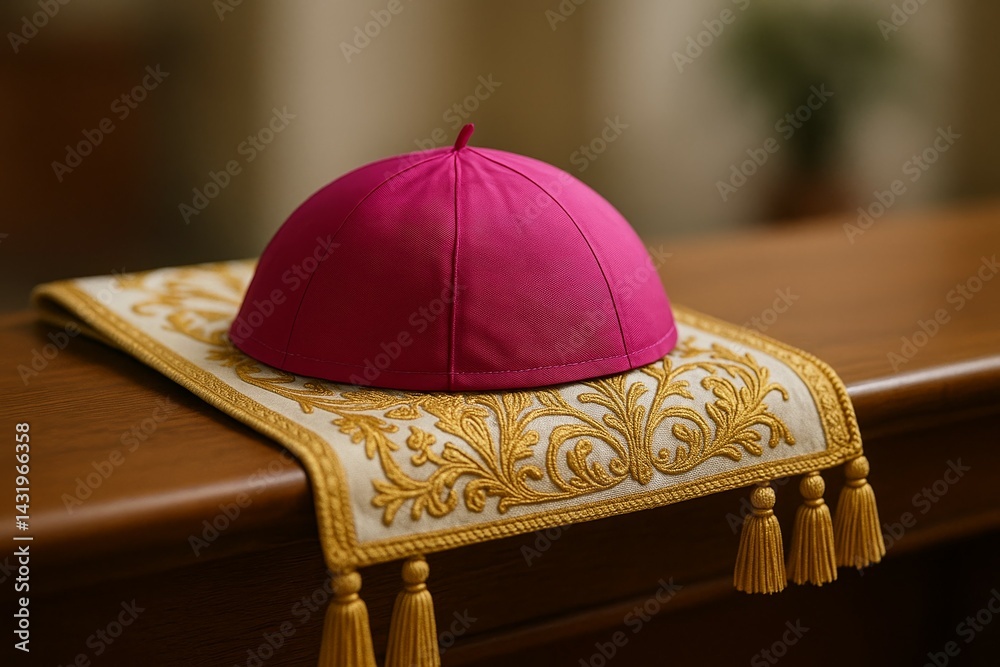 Pink clerical zucchetto on ornate stole in church setting for religious ceremony