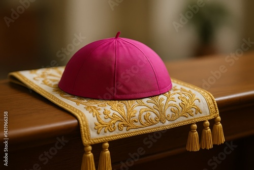 Obraz na płótnie Pink clerical zucchetto on ornate stole in church setting for religious ceremony w salonie