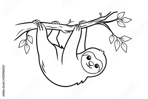 Cute cartoon sloth hanging on a tree branch black and white line art illustration