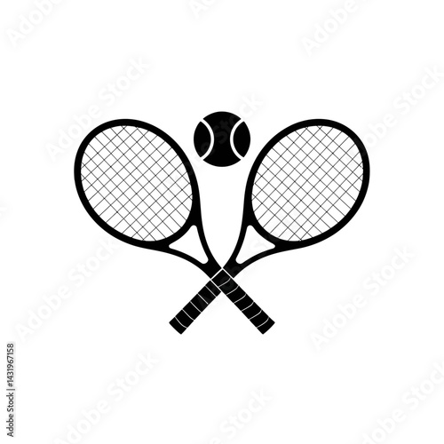 Two crossed tennis rackets are depicted with a tennis ball placed above them, all rendered in a black silhouette style