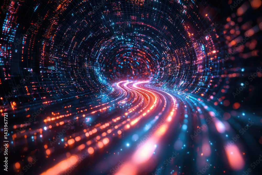 Obraz premium Abstract digital tunnel with glowing neon lights and data streams. Futuristic technology concept.