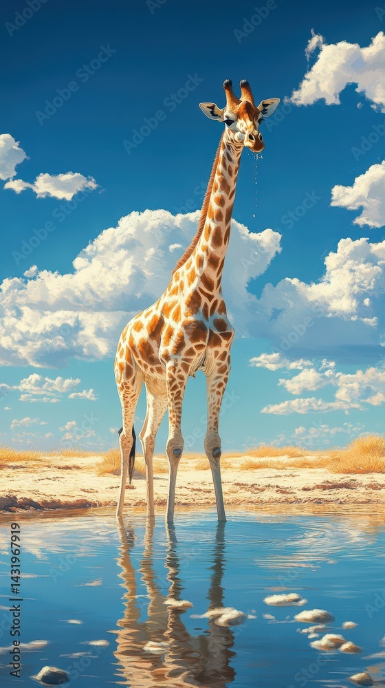 Obraz premium Giraffe drinking water at a serene waterhole under a bright blue sky with fluffy clouds