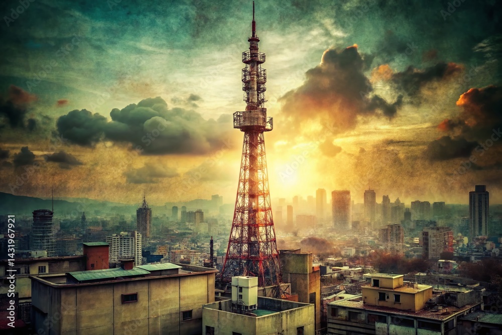 Vintage Photo: Retro 5G Cell Tower in Urban Landscape