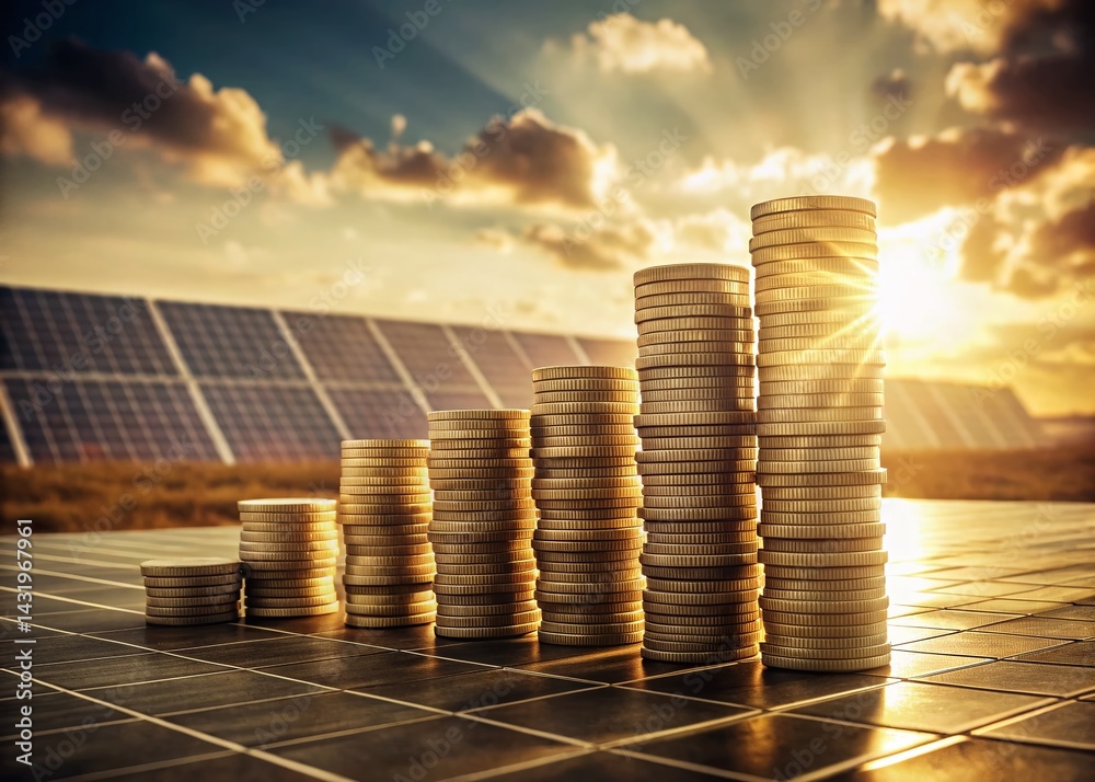 Vintage Photo: Solar Panel Investment & Financial Benefits - Renewable Energy Coin Stacks in Serene Landscape