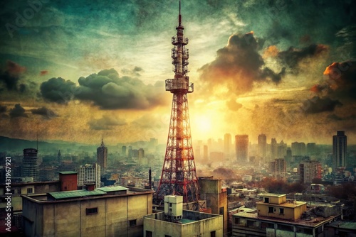 Obraz na płótnie Vintage Photo: Retro 5G Cell Tower in Urban Landscape w salonie