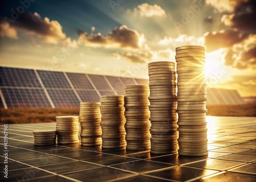 Obraz na płótnie Vintage Photo: Solar Panel Investment & Financial Benefits - Renewable Energy Coin Stacks in Serene Landscape w salonie
