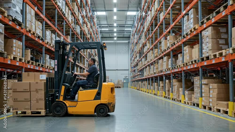 Man driving forklift in warehouse aisle with high shelves stacked with cardboard boxes on pallets. Industrial logistics and storage facility operations video footage.