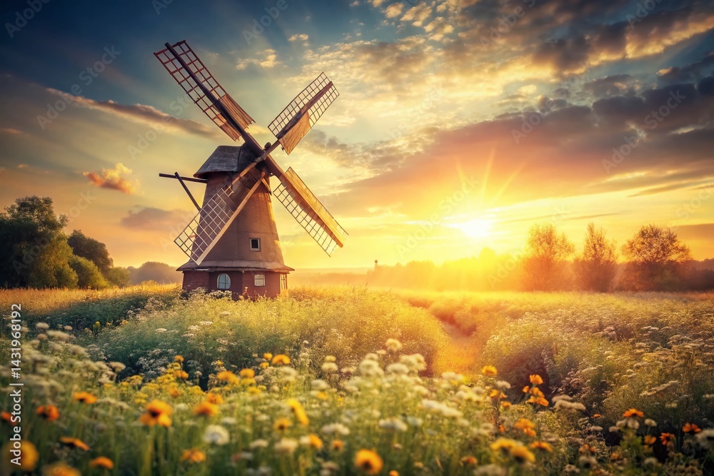 Vintage Photo: Windmill in a Blooming Wildflower Field