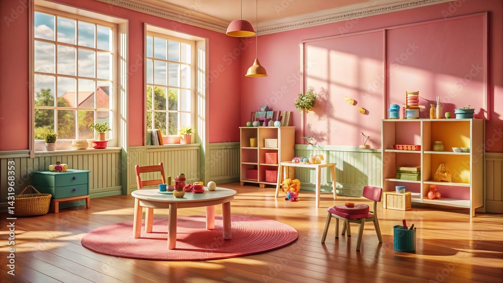 Vintage Pink Playroom Interior Design with Retro Toys and Wooden Furniture Stock Photo