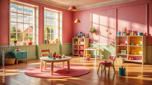 Obraz na płótnie Vintage Pink Playroom Interior Design with Retro Toys and Wooden Furniture Stock Photo w salonie