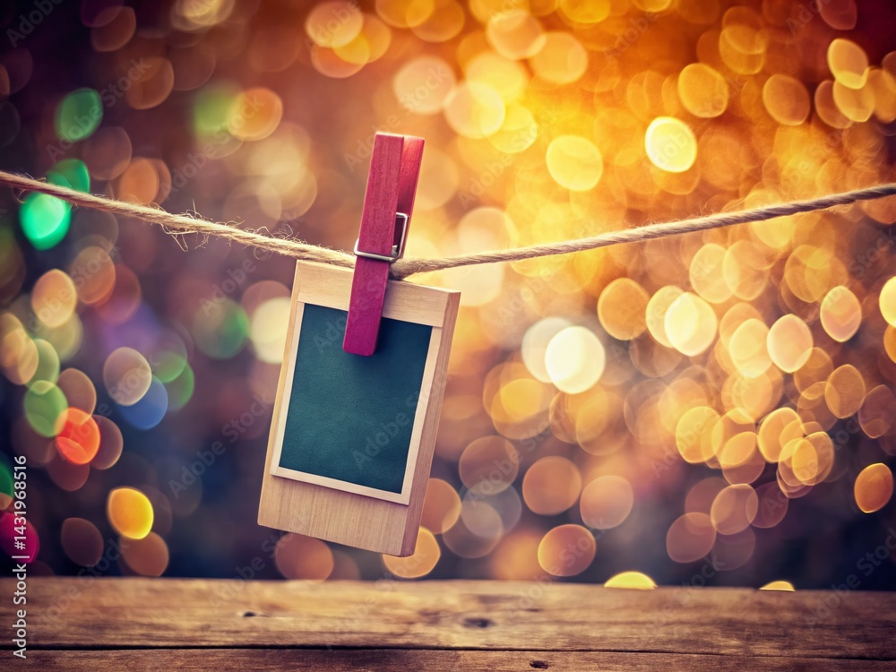 Vintage Polaroid Photo on Wooden Clothespin with Blurred Bokeh Background - Stock Image
