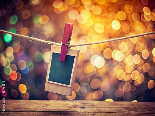 Obraz na płótnie Vintage Polaroid Photo on Wooden Clothespin with Blurred Bokeh Background - Stock Image w salonie