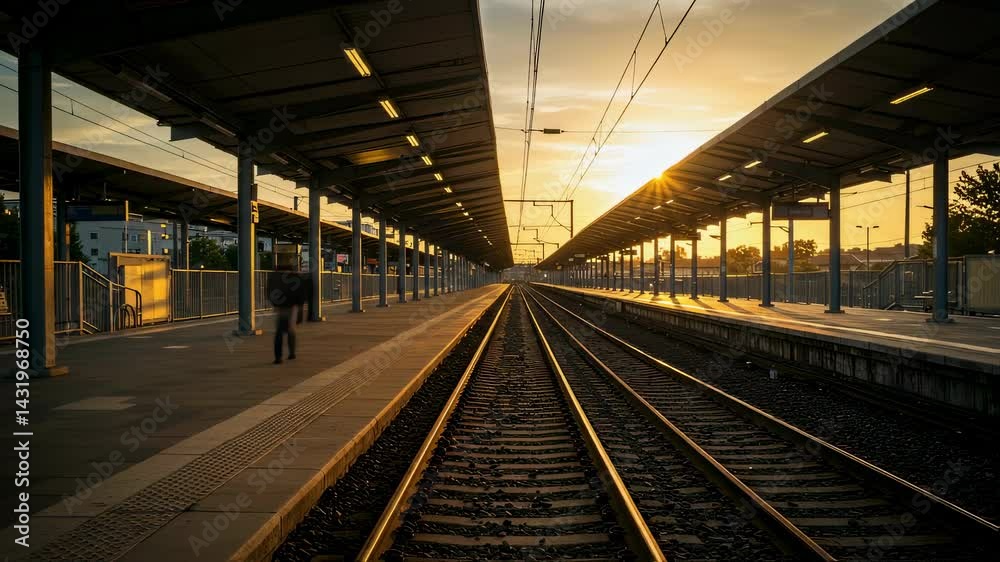 Empty train station platform with rails and sunset light. Transportation and travel concept motion video footage. Waiting location infrastructure clip for film montage. Empty train station platform with rails and sunset light. Transportation and travel concept motion video footage. Waiting location infrastructure clip for film montage.