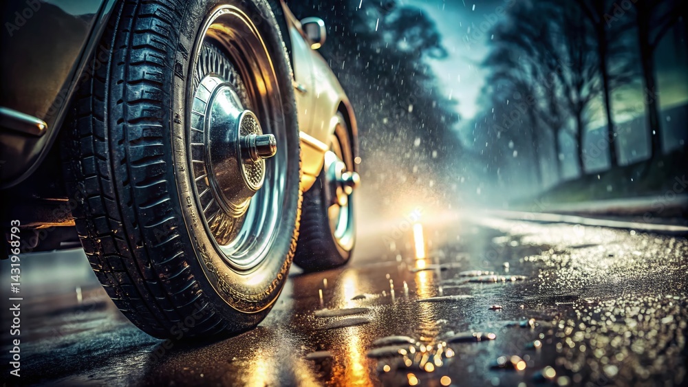 Vintage Rain-Soaked Car Tire on Wet Asphalt Road - High Contrast Stock Photo