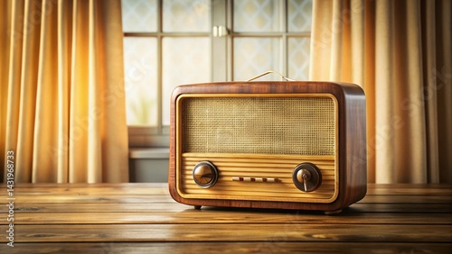 Obraz na płótnie Vintage Radio on Table, White Curtain Background - Retro Audio Equipment Stock Photo w salonie