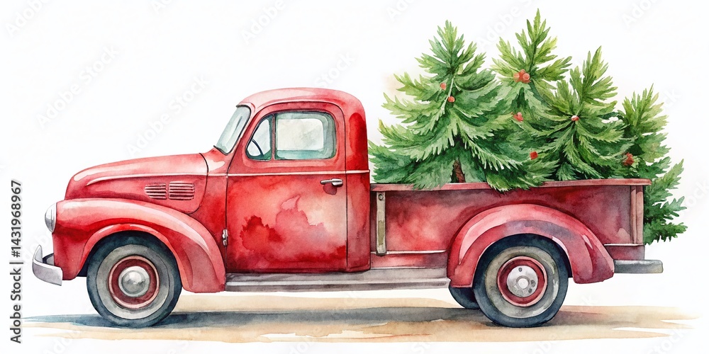 Vintage Red Christmas Truck with Tree, Watercolor Style, Isolated on White Background