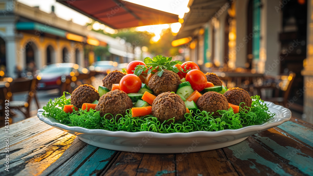 Croquettes with green salad and fresh vegetables on a table in a street cafe, Cuba traditional food