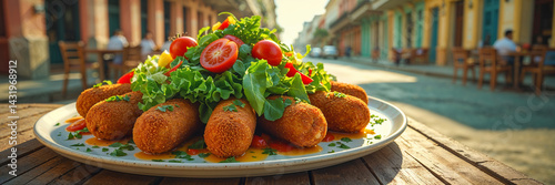 Croquettes with green salad and fresh vegetables on a table in a street cafe, Cuba traditional food
