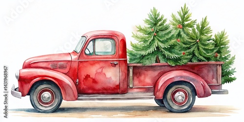 Obraz na płótnie Vintage Red Christmas Truck with Tree, Watercolor Style, Isolated on White Background w salonie