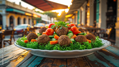 Obraz na płótnie Croquettes with green salad and fresh vegetables on a table in a street cafe, Cuba traditional food w salonie