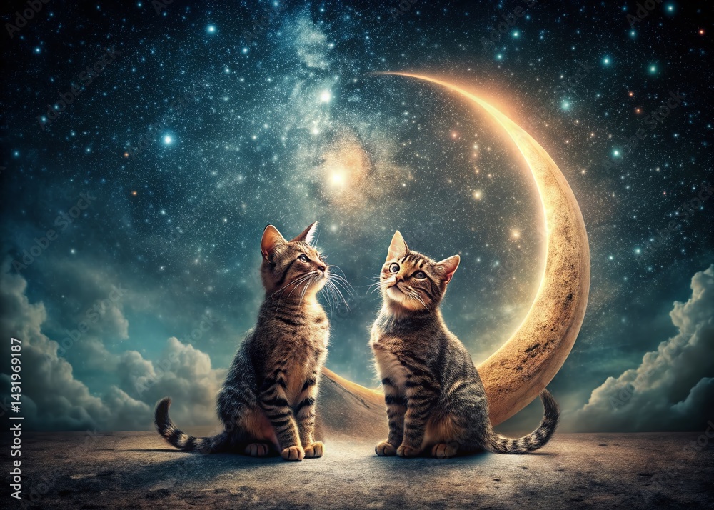 Vintage Retro Cartoon Cats Howling at the Moon Night Scene - Graphic Art