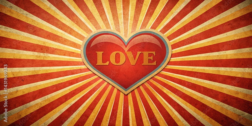 Vintage Retro Love Poster: Sun Rays, Red Heart, Aerial View