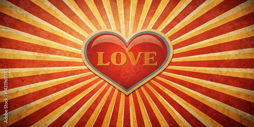 Obraz na płótnie Vintage Retro Love Poster: Sun Rays, Red Heart, Aerial View w salonie