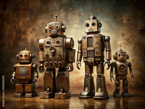 Obraz na płótnie Vintage Robot Collection: Four Retro Mechanical Companions w salonie