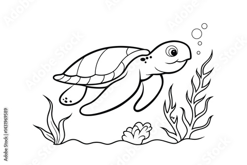 Sea turtle swimming coloring page outline illustration with seaweed and bubbles marine animal vector