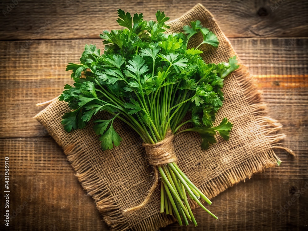 Vintage Rustic Photo: Fresh Parsley Bunch with Roots, Dill, & Chives on Burlap