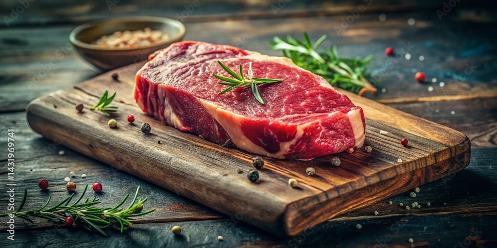 Vintage Rustic Raw Steak on Wooden Cutting Board - Butcher Shop Stock Photo