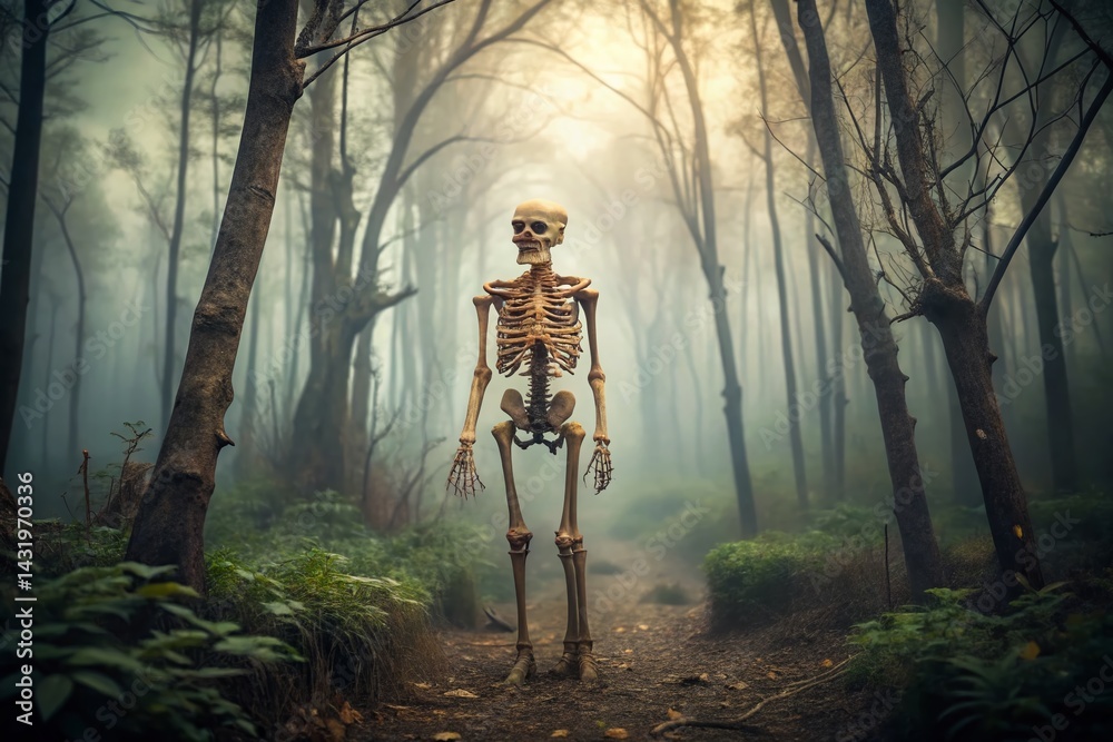 Vintage Skeleton in Foggy Forest - Spooky Halloween 3D Render Stock Photo