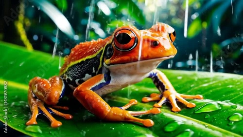 Close up of a vibrant orange frog in a lush rainforest environment