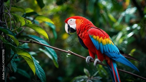 Scarlet Macaw perched on a branch in a lush tropical rainforest environment