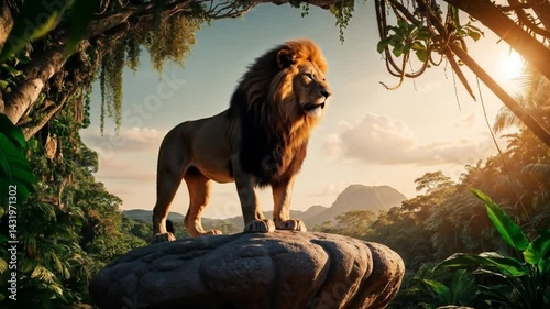 Majestic lion standing proudly on a rock in a lush jungle setting