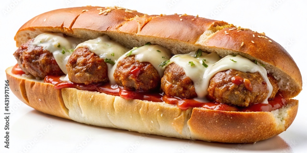 Vintage Style Close-Up: Juicy Garlic Beef Meatball Sub with Melted Mozzarella and Marinara Sauce