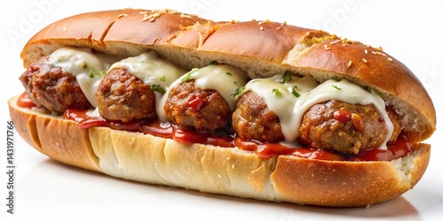 Vintage Style Close-Up: Juicy Garlic Beef Meatball Sub with Melted Mozzarella and Marinara Sauce