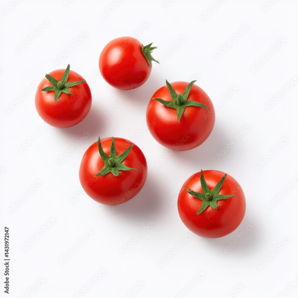 Overhead view of five vibrant red tomatoes with green stems on white surface Overhead view of five vibrant red tomatoes with green stems on white surface