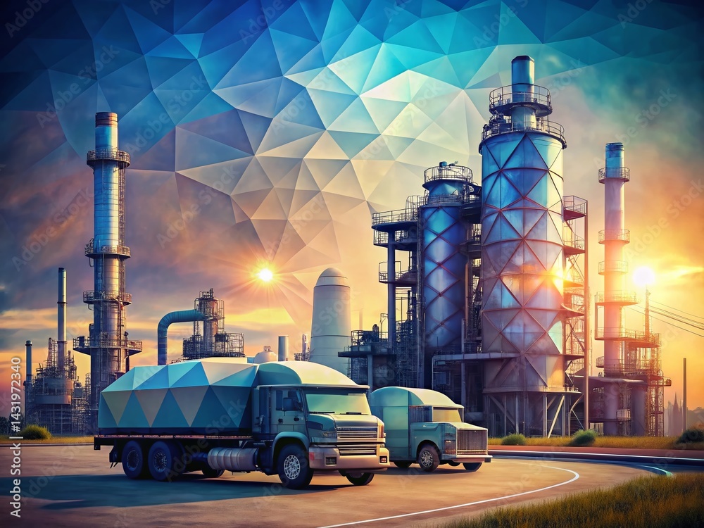 Vintage Style Low Poly Oil Refinery: Petrochemical Production Plant & Fuel Industry Truck
