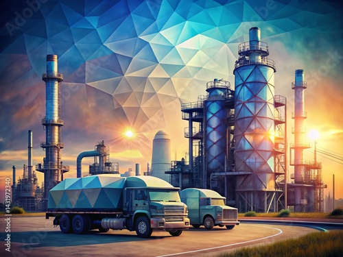 Obraz na płótnie Vintage Style Low Poly Oil Refinery: Petrochemical Production Plant & Fuel Industry Truck w salonie