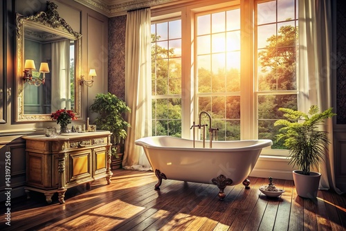 Vintage Style Photo: Modern Bathroom, Freestanding Tub, Large Window