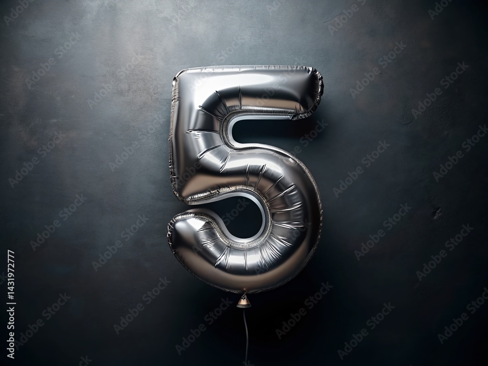 Vintage Style Photo: Shiny Silver Helium Balloon Number 5, Dark Background, Minimalist Celebration