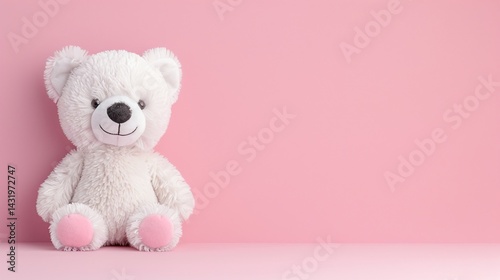 White teddy bear plush toy, pastel pink background, soft stuffed animal, children’s gift, cute nursery decor, cozy kid’s accessory, minimal style, smiling bear, copy space

