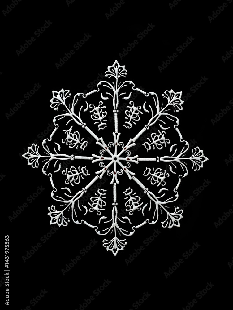 White lace in shape of snowflakes on black background isolated