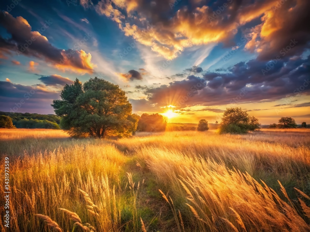 Vintage Sunset Clearing: Tall Grass, Golden Hour Landscape Photography