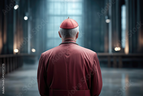 Introspective portrait of a catholic cardinal in majestic cathedral ambiance from behind