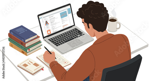 Two businesspeople, a man and a woman, are working on their laptops at a desk in the office, typing on the keyboards as they communicate online using technology and the internet