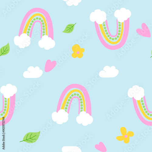 Cute doodle rainbow pattern with flowers and clouds. Children's hand drawn vector illustration, print for clothes, textile.
